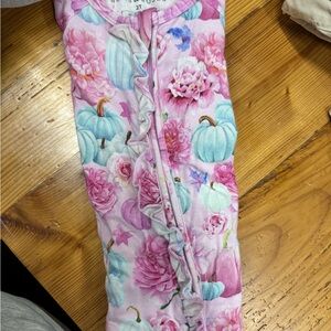 Bums & Roses Pink Floral & Blue Pumpkin Ruffle Footie Pajamas